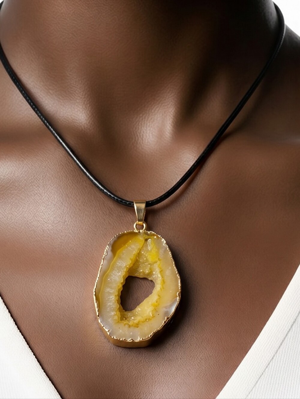 Yellow Druzy Agate Teardrop Necklace Geode Slice Gold Edge Pendant Rock Crystal